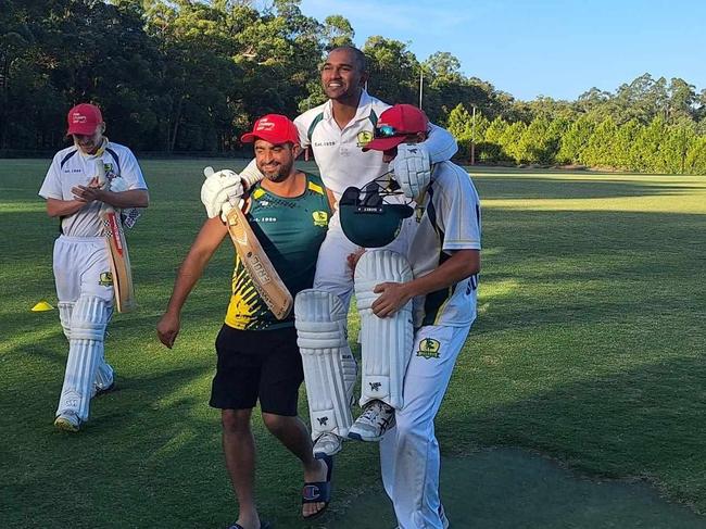 Chathura Imbulagoda is chaired off by teammates after scoring 234 for Officer in the CCCA. Picture: Supplied.