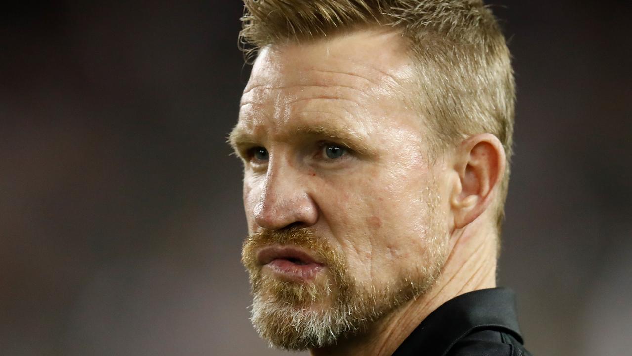 MELBOURNE, AUSTRALIA - APRIL 01: Nathan Buckley, Senior Coach of the Magpies looks on during the 2021 AFL Round 03 match between the Collingwood Magpies and the Brisbane Lions at Marvel Stadium on April 01, 2021 in Melbourne, Australia. (Photo by Michael Willson/AFL Photos via Getty Images)