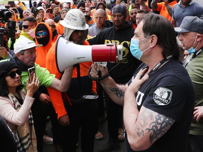 John Setka addresses construction workers as protests turn violent in September 2021. Picture: David Crosling