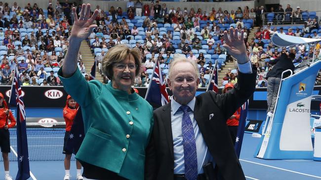 Margaret Court, with fellow Aussie great Rod Laver, in January 2016 at the official launch of the remodelled Margaret Court Arena. Picture: AP