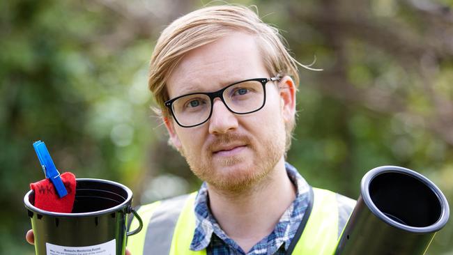 Research scientist Dr Peter Mee places mosquito traps on the Mornington Peninsula. Picture: Mark Stewart