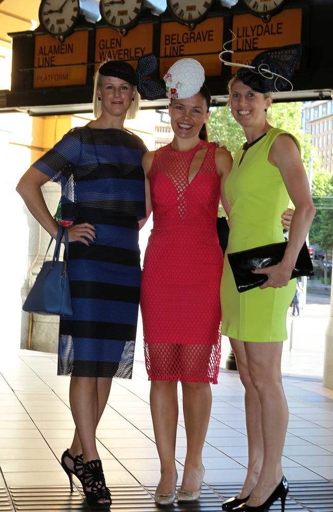 Meagan Oman, co-owner of 2013’s Melbourne Cup winning horse, Jule Gosper and Rebecca Sanders head to the 2014 Melbourne Cup. Picture Yuri Kouzmin