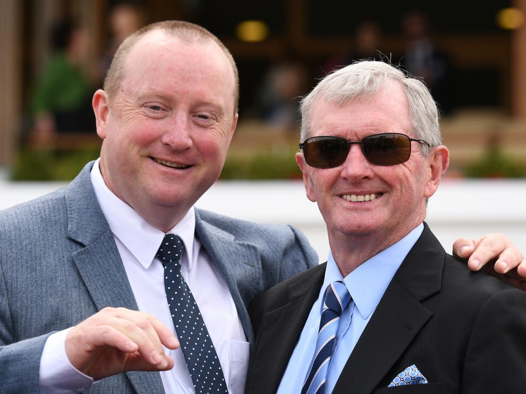 Trainers Wayne Hawkes and John Hawkes pose after Wild Planet won race 5, the Furphy Ale March Stakes, during Super Saturday at Flemington Racecourse in Melbourne, Saturday, March 7, 2020. (AAP Image/Vince Caligiuri) NO ARCHIVING, EDITORIAL USE ONLY