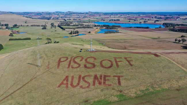 A protest message mowed into a hill on farmer Joee Aganetti-Fraser’s property. Picture: Alex Coppel.