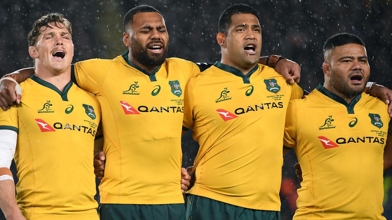 Wallabies players sing the national anthem prior to the Bledisloe Cup.