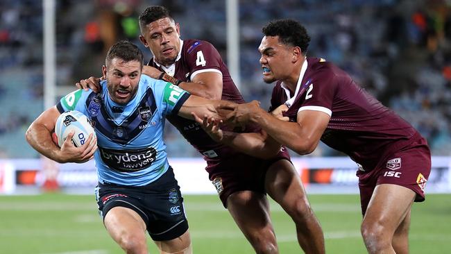 James Tedesco on the charge for the Blues. Picture: Mark Kolbe/Getty Images