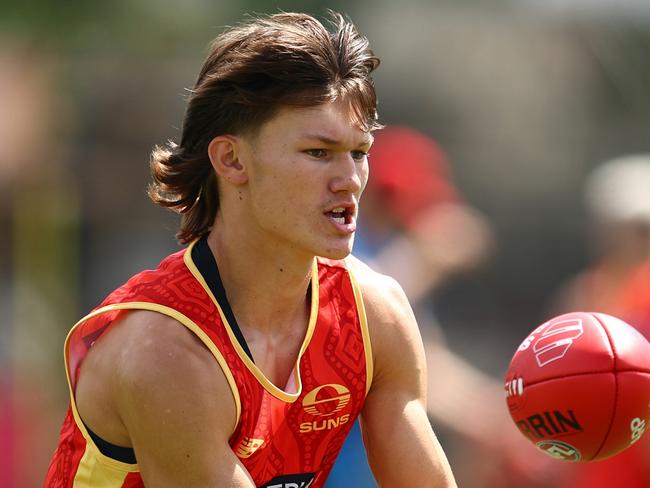 GOLD COAST, AUSTRALIA - NOVEMBER 25: Lachlan Gulbin during a Gold Coast Suns AFL training session at Austworld Centre Oval on November 25, 2024 in Gold Coast, Australia. (Photo by Chris Hyde/Getty Images)