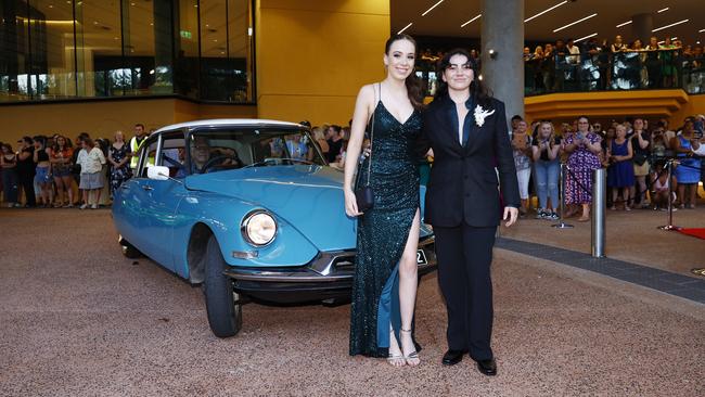 Kadee Wallwork and Sequoia Mogis arrive at the Trinity Bay High School formal evening, held at the Cairns Convention Centre. Picture: Brendan Radke