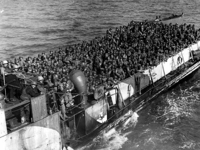 Landing craft delivering more troops to beaches of Normandy after D-Day landing in France during World War Two, 06/1944.