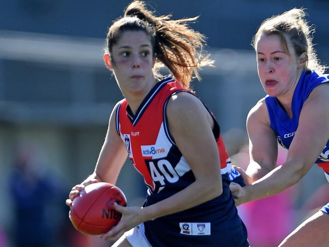 Lauren Pearce in action during the VFLW Darebin Falcons v Western Bulldogs football match in Footscray, Saturday, June 8, 2019. Picture: Andy Brownbill