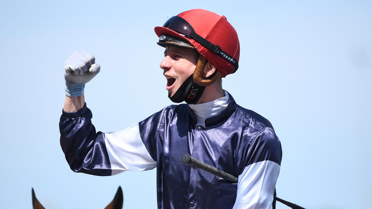 Jye McNeil celebrates his fantastic Melbourne Cup win.