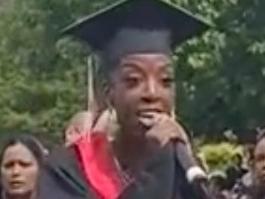 Black college graduate Kadia Iman goes viral after scuffle with white educator over microphone. Picture: @kadiaimantv/TikTok