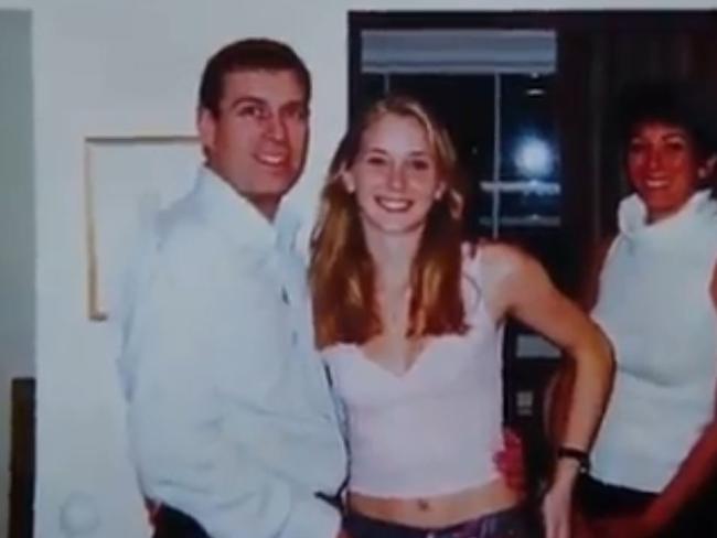 Prince Andrew, Virginia Roberts Giuffre and Ghislaine Maxwell are pictured inside the London Mews home of Ghislaine Maxwell (R). Picture: Screengrab / Channel 9 / 60 Minutes