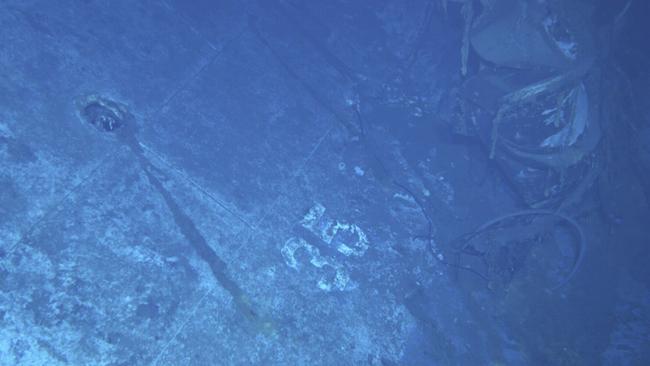 The painted hull number "35" on the wreck of the USS Indianapolis. The expedition crew of Research Vessel Petrel, which is owned by Microsoft co-founder Paul Allen, says it located the wreckage of the Indianapolis on the floor of the North Pacific Ocean. Picture: Paul G. Allen / AP