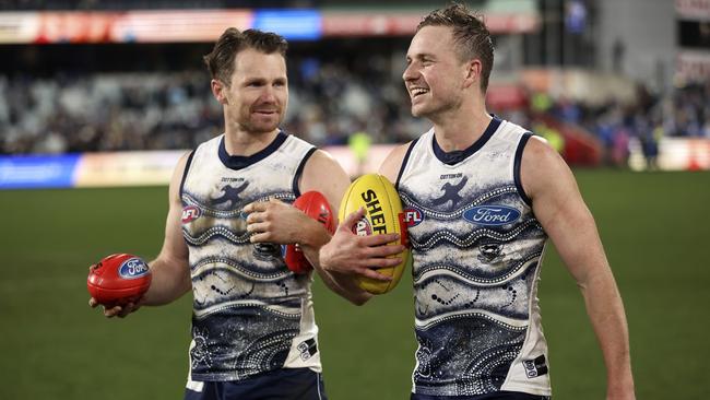 Patrick Dangerfield, pictured left with Mitch Duncan, made a successful return on Saturday night. Picture: Getty Images