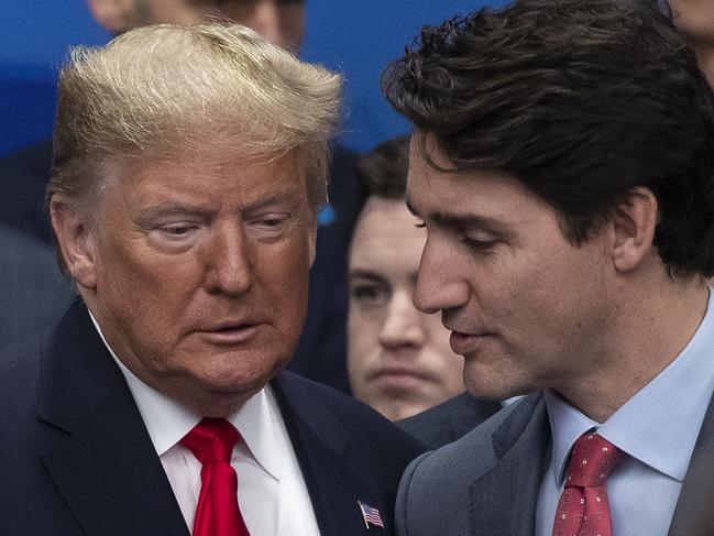 HERTFORD, ENGLAND - DECEMBER 04: U.S. President Donald Trump (L) ad Canadian Prime Minister Justin Trudeau (R) attend the NATO summit at the Grove Hotel on December 4, 2019 in Watford, England. France and the UK signed the Treaty of Dunkirk in 1947 in the aftermath of WW2 cementing a mutual alliance in the event of an attack by Germany or the Soviet Union. The Benelux countries joined the Treaty and in April 1949 expanded further to include North America and Canada followed by Portugal, Italy, Norway, Denmark and Iceland. This new military alliance became the North Atlantic Treaty Organisation (NATO). The organisation grew with Greece and Turkey becoming members and a re-armed West Germany was permitted in 1955. This encouraged the creation of the Soviet-led Warsaw Pact delineating the two sides of the Cold War. This year marks the 70th anniversary of NATO. (Photo by Dan Kitwood/Getty Images)