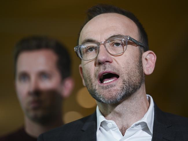 CANBERRA, Australia, NewsWire Photos. May 13, 2024: Greens Leader Adam Bandt, Max Chandler-Mather MP and Senator Senator David Shoebridge hold a press conference at Parliament House in Canberra. Picture: NCA NewsWire / Martin Ollman