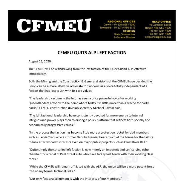 The CFMEU has sensationally quit the ALP Left faction.