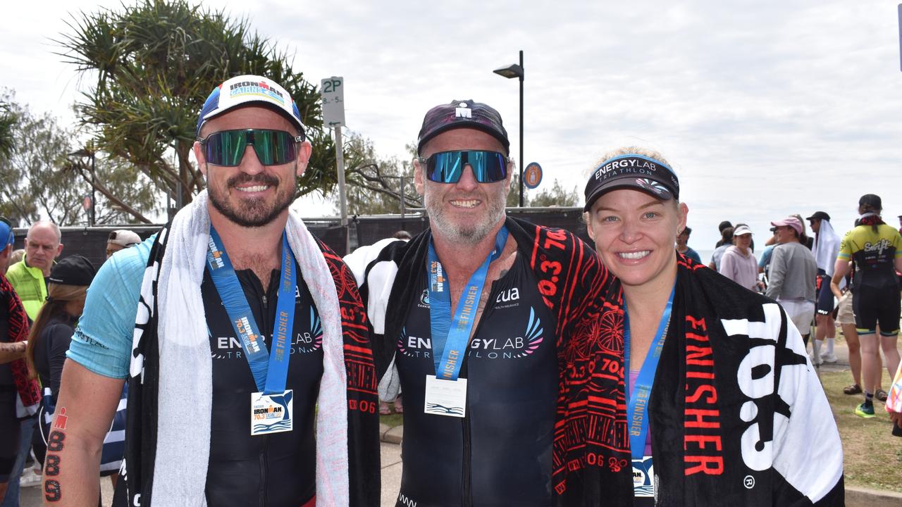 Energy Lab Tri Club - Tim Guinea, Ian Jones and Heather Brennan at the Sunshine Coast Ironman 70.3 at Mooloolaba 2022.