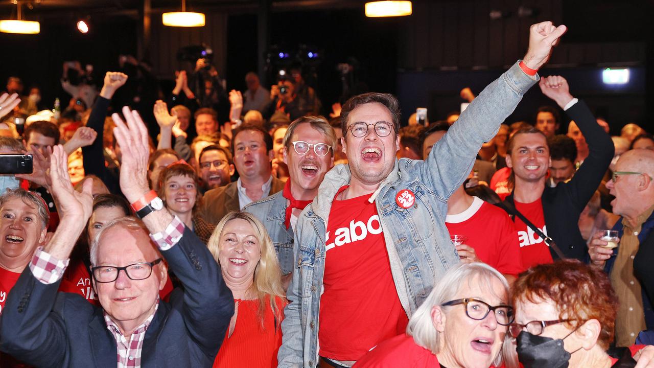 Labor faithful lost it as news of Labor’s victory broke. Picture: Sam Ruttyn