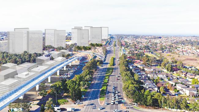 How Bella Vista could look in 2037 - looking south along Old Windsor Rd from Memorial Ave. Aerial image courtesy of Cinemair Aerial Photography (<a href="http://www.cinemairap.com.au">cinemairap.com.au</a>)