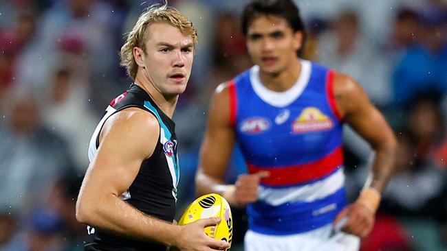 ADELAIDE, AUSTRALIA - APRIL 15: Jason Horne-Francis of the Power looks on during the 2023 AFL Round 05 match between the Port Adelaide Power and the Western Bulldogs at Adelaide Oval on April 15, 2023 in Adelaide, Australia. (Photo by Dylan Burns/AFL Photos via Getty Images)