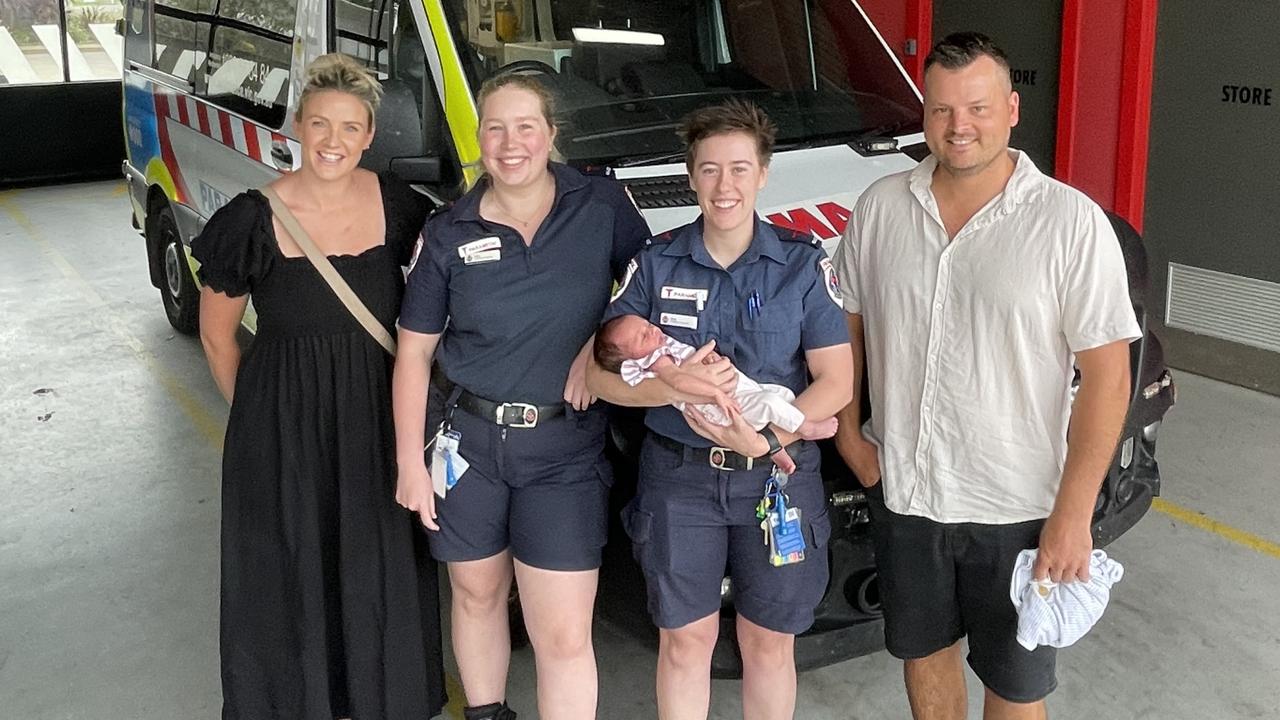 Alannah Ellery, Lucy Montague, Amy Hopkins and Mark Ratcliffe with baby Willow. Supplied