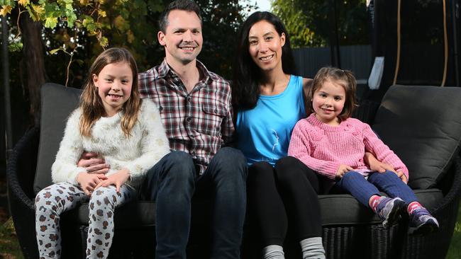 Janika Lewis with husband Alex Murray and children Cleo, 8, and Ivy, 4. Janika will join 10 others to walk the great wall of China to raise funds for blood cancer research. Picture: AAP / Emma Brasier