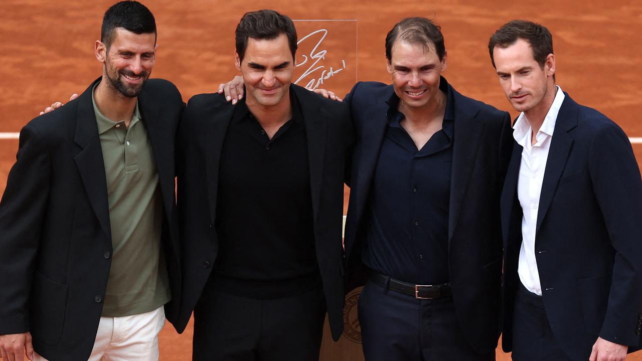 Novak Djokovic, Roger Federer, Rafael Nadal and Andy Murray at Nadal’s French Open farewell. (Photo by Franck FIFE / AFP)
