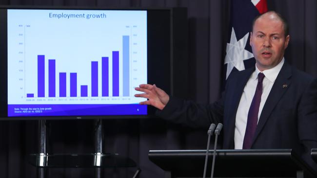 Treasurer Josh Frydenberg at a press conference to announce the latest economic figures. Picture: Kym Smith