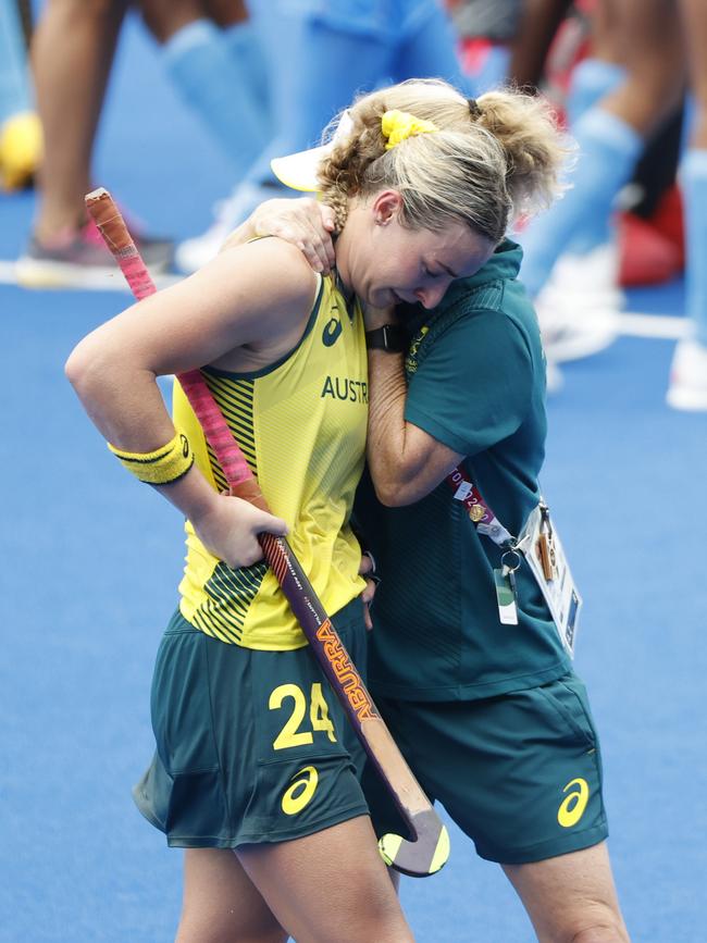 Mariah Williams in tears after the game. Picture: Alex Coppel