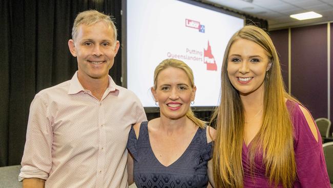 Labor Southport candidate Rowan Holzberger, Kate Jones MP and Gaven ALP candidate Meaghan Scanlon at the Labor Party launch at Gold Coast Convention Centre. Picture: Jerad Williams