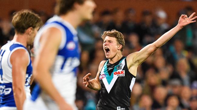 Xavier Duursma celebrates a goal against North Melbourne. Picture: Getty Images 