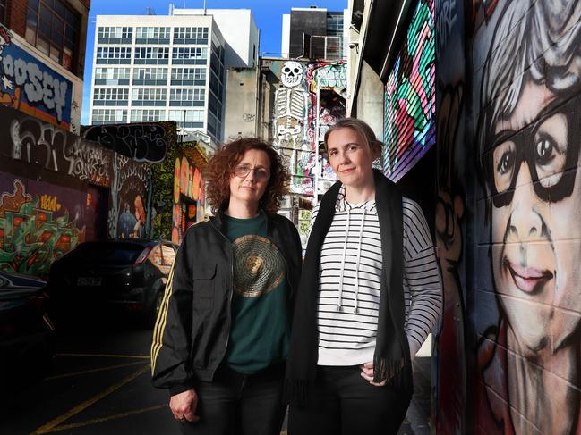 Rebecca Schramm and Elizabeth Schramm with the artwork in tribute to their mum Kathie. Picture: Nikki Davis-Jones