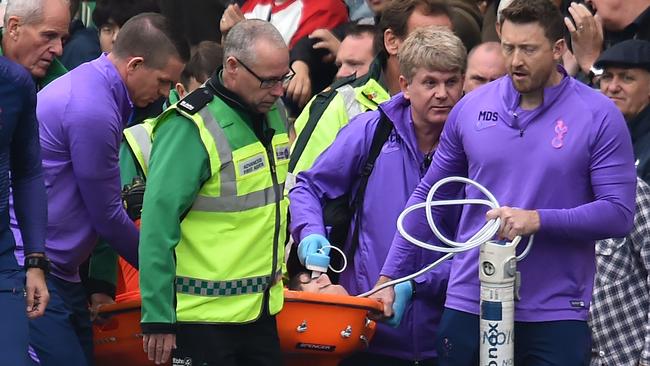 Hugo Lloris is stretchered off the field. Picture: Glyn Kirk/AFP