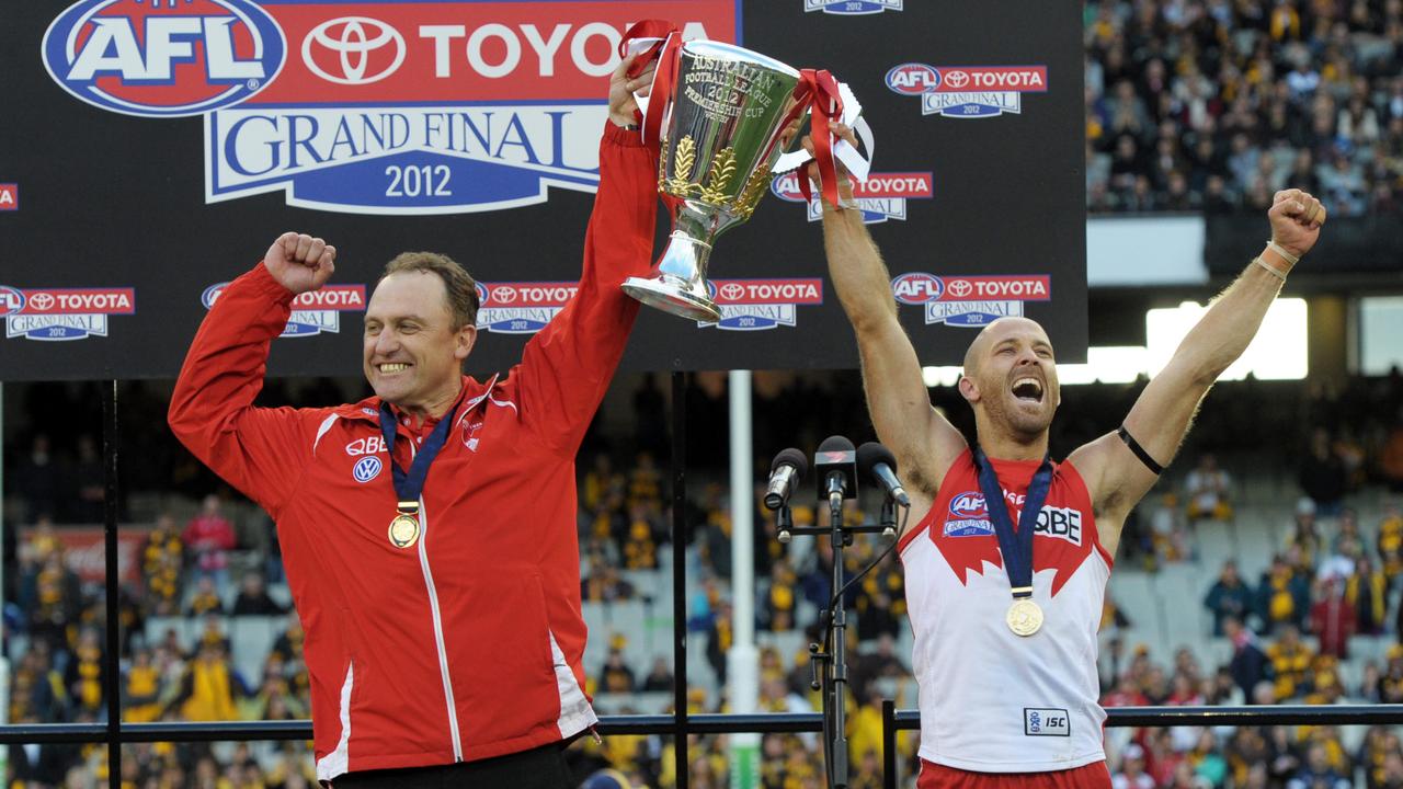 John Longmire and Jarrad McVeigh celebrate the Swans’ 2012 premiership win.