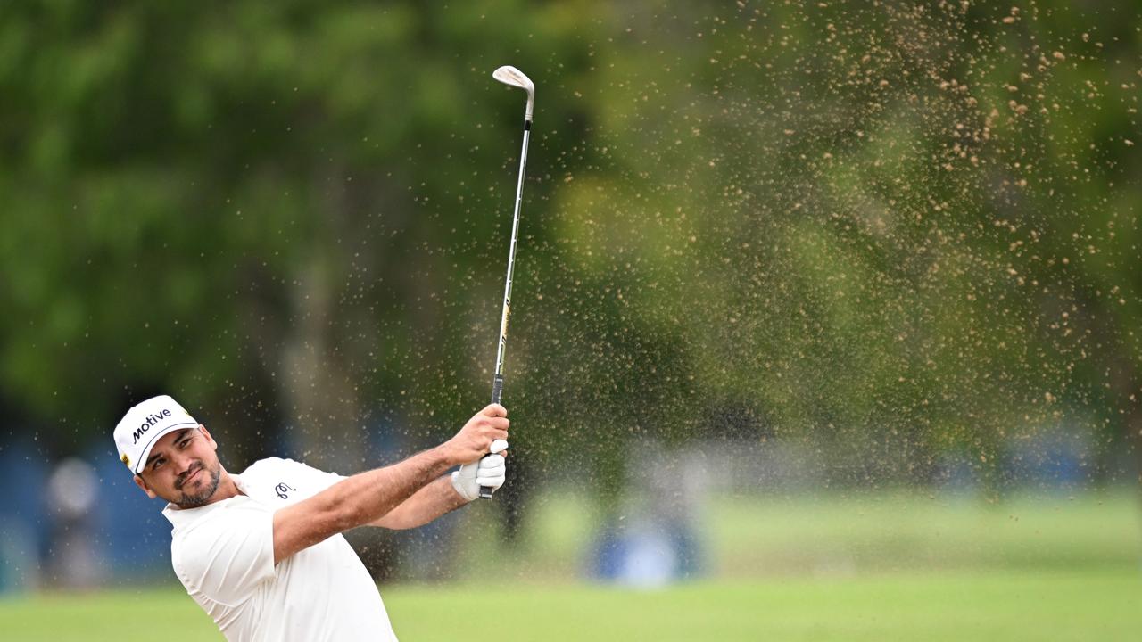 Jason Day plays out of a bunker in the opening round of the Australian PGA Championship. Picture: Bradley Kanaris/Getty Images