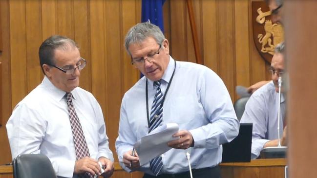 Clarence Valley Council mayor Jim Simmons and director corporate Ashley Lindsay discuss the agenda before a council meeting.