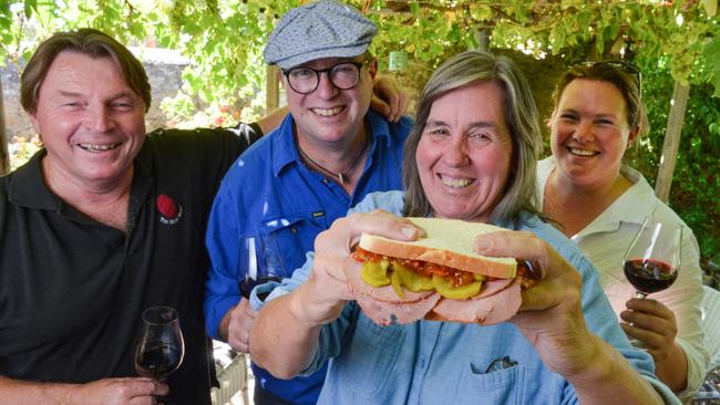 Tim Smith, Stuey Bourne, Jane Ferrari and Hutton Vale Farm's Cait Angas with the corned beef sandwich that will accompany their wine event. Picture: Brenton Edwards