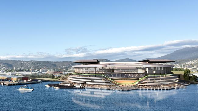 The original artist’s impression of a new multipurpose Hobart stadium, which could be altered to have a fixed perspex-type roof to reduce costs.