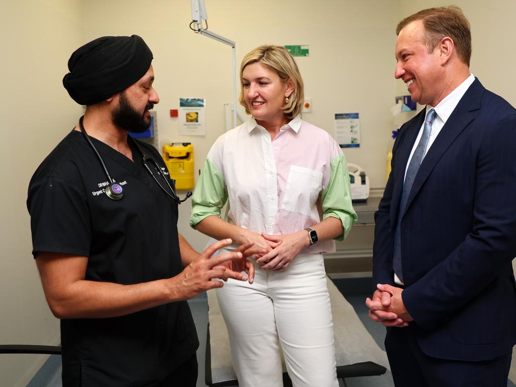 Doctor Ajit Bhalla, Queensland Premier Steven Miles and Health Minister Shannon Fentiman during a visit to the Robina Medical centre. Picture: Tertius Pickard