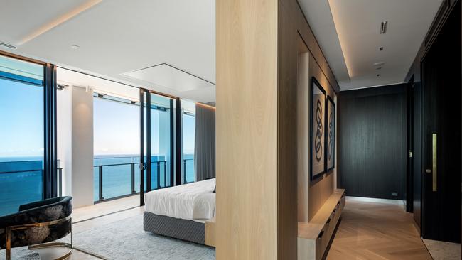 One of the bedrooms in the Surfers Paradise penthouse being sold by Culture Kings founders, Simon and Tah-nee Beard. Image supplied.