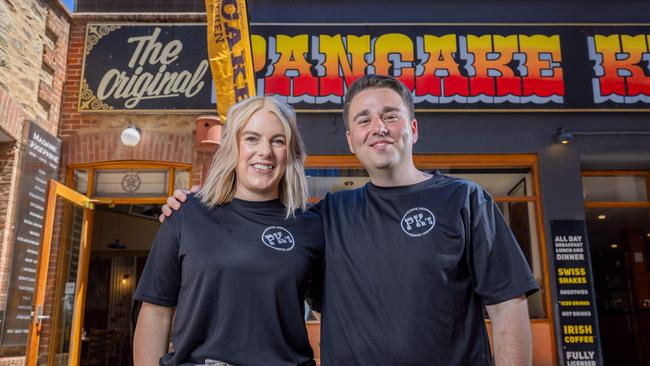 Mitchell Sariovski and partner Lauren Bent at their recently purchased, Pancake Kitchen in Adelaide CBD. Pictured on Jan 31st 2025. Picture: Ben Clark