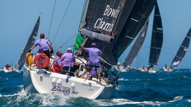 Bowline passes between North and South Head at the start of the 2024 Rolex Sydney to Hobart yacht race at the Cruising Yacht Club of Australia, Rushcutters Bay. Picture: Justin Lloyd.