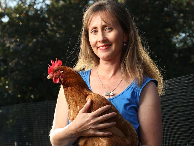 Vanessa John with one of her chickens. She stopped buying cage eggs years ago. Picture: David Kelly