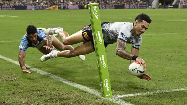 Robert Derby of the Cowboys scores a try during the round eight NRL match between North Queensland Cowboys and Gold Coast Titans at Queensland Country Bank Stadium, on April 26, 2025, in Townsville, Australia. (Photo by Ian Hitchcock/Getty Images)