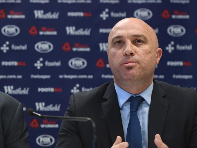 Football Federation Australia CEO David Gallop (left) and Professional Footballers Association CEO John Didulica address the media during a press conference in Sydney, Monday, September 11, 2017. Westfield W-League players will receive a significant pay increase and improved employment conditions following a landmark collective bargaining agreement between Football Federation Australia, the Westfield W-League clubs and Professional Footballers Australia. (AAP Image/Dean Lewins) NO ARCHIVING