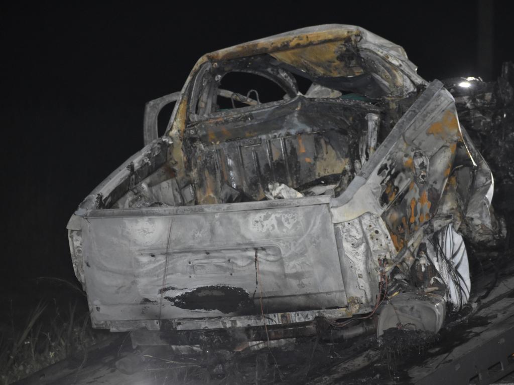 A ute involved in a Bruce Highway collision north of Koumala on February 3, 2022, caught on fire after impact. Picture: Lillian Watkins