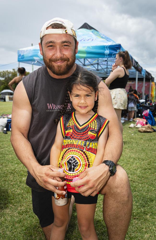 Daniel Jennings with his niece Letty-Wren Davids at the Warriors Reconciliation Carnival hosted by Toowoomba Warriors at Jack Martin Centre, Saturday, January 18, 2025. Picture: Kevin Farmer