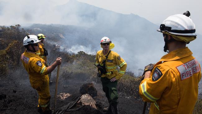 Tasmania Fire Service firefighters battle the Gell River fire in January last year. Picture: WARREN FREY/TASMANIA FIRE SERVICE